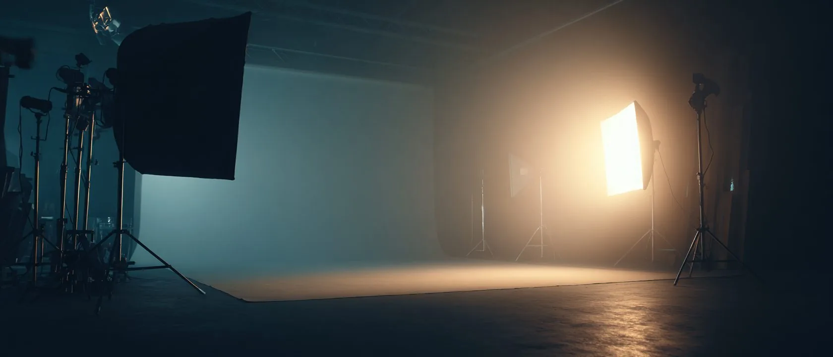 A professional photography studio lit by a single softbox, with light stands and a seamless backdrop in shadow.