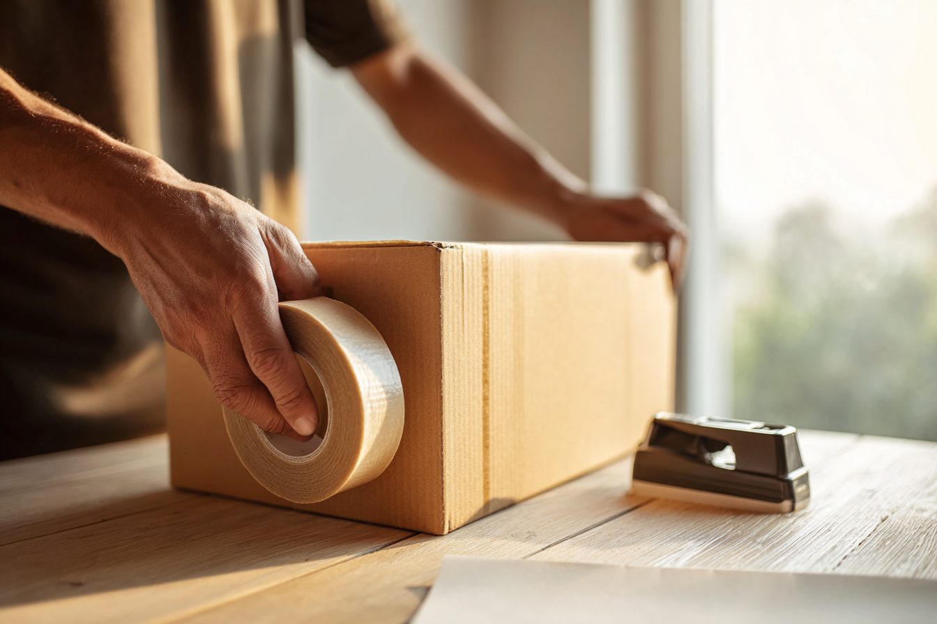 Hands sealing a cardboard box with packing tape on a workbench.