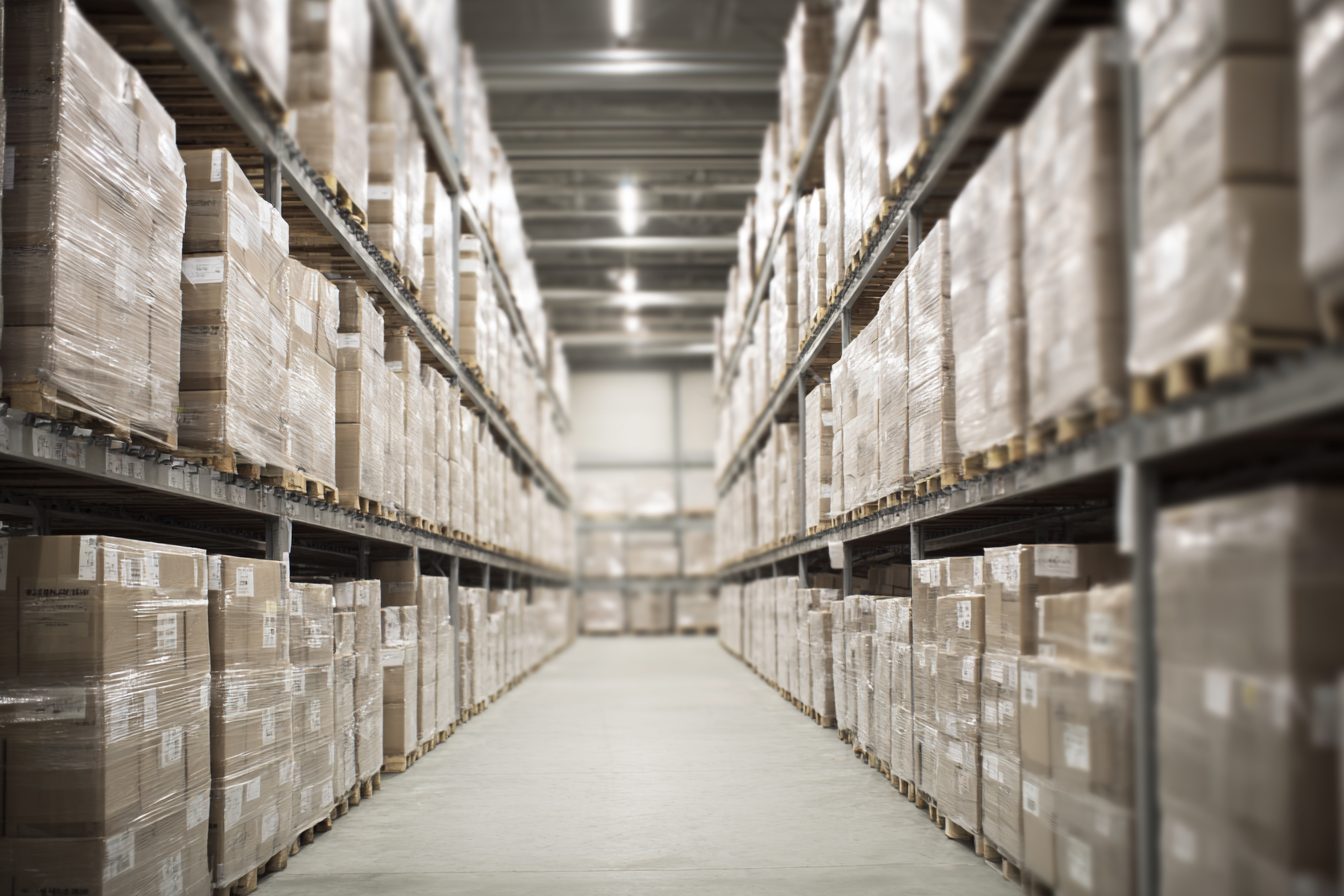 Warehouse racking stacked with wrapped pallets receding into soft focus.