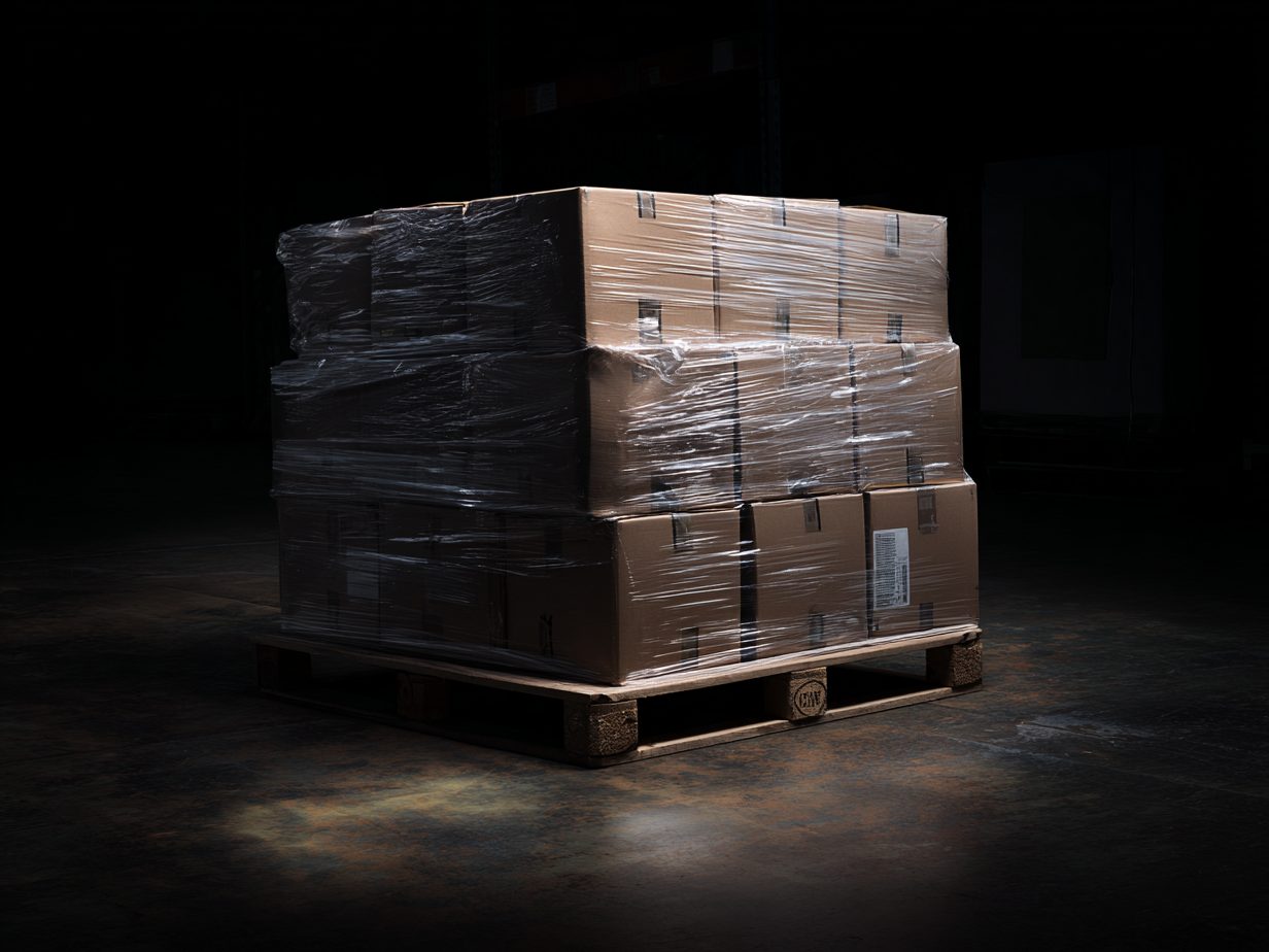 A pallet of cartons shrink-wrapped and ready to ship.